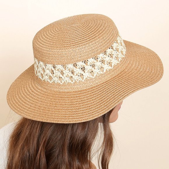 NEW Natural Tan Mix Contrast Weaved Straw Wide Brim Panama Floppy Beach Sun Hat - Picture 2 of 11